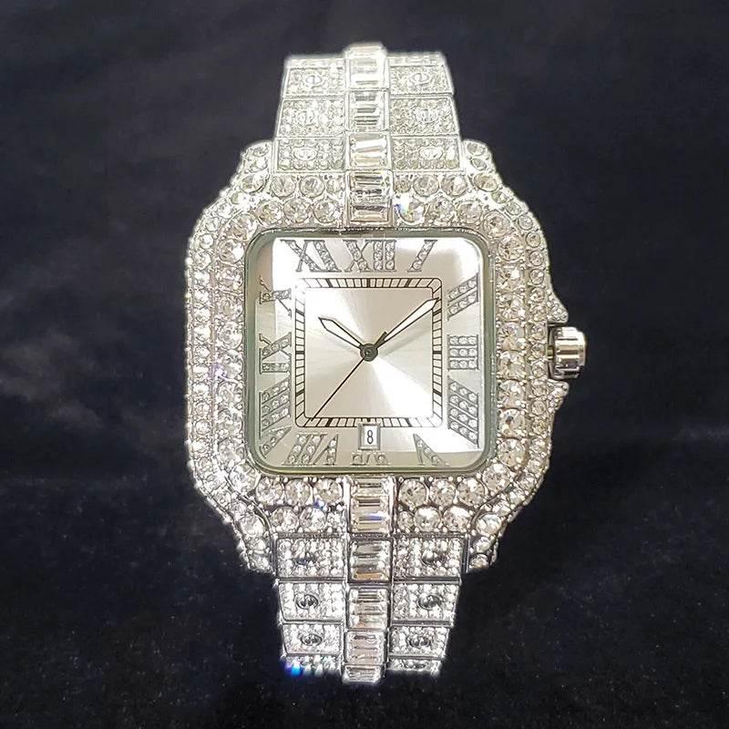 Luxury Diamond Watch Men Hip Hop Bling Iced Out Quartz Watches Fashion Blue Dial Silver Shiny Party Jewelry Relojes Dropshipping - Empire P.E