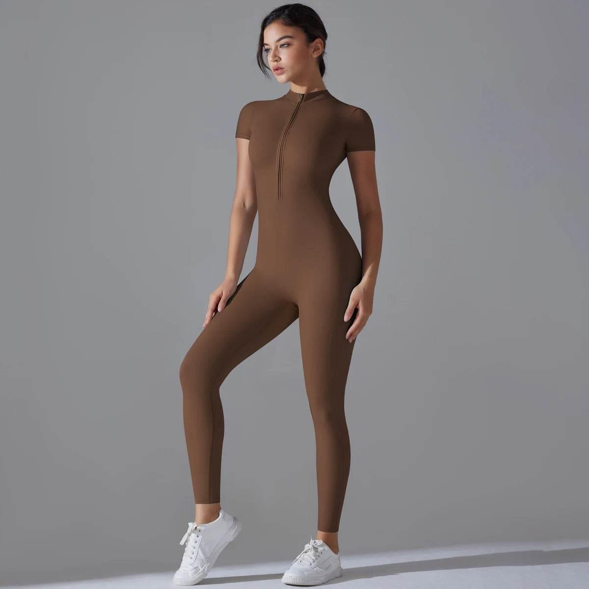 Yoga Set Women's Jumpsuits One-Piece Suit Zipper Short Sleeve Gym Push Up Workout Clothes Fitness Bodysuit Sportswear Tracksuit - Empire P.E