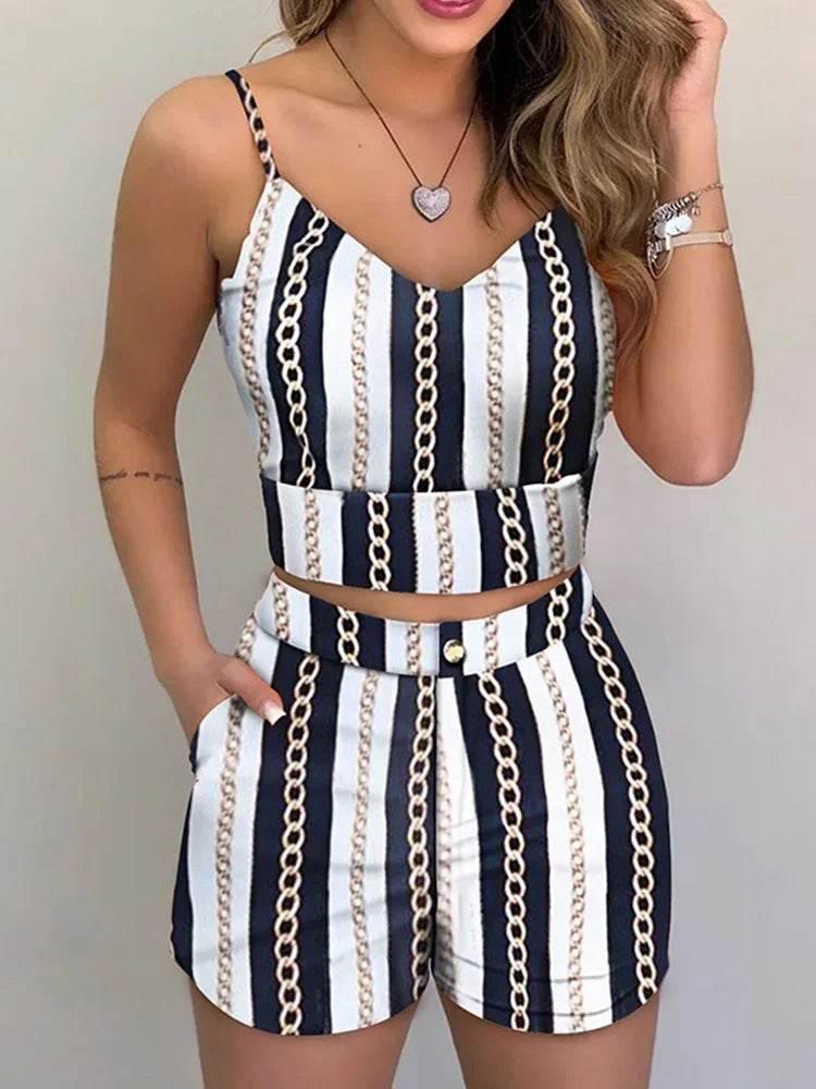 Print Spaghetti Strap Crop Top & Short Sets - Empire P.E