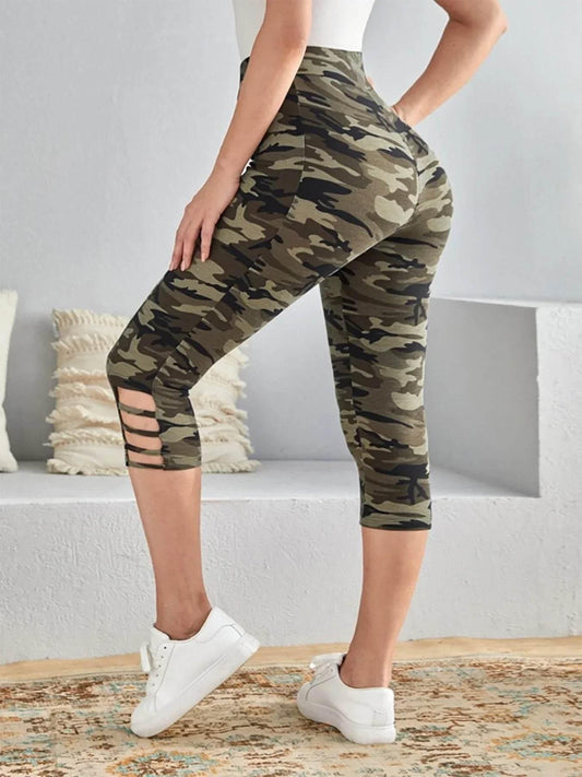 Plus Size Women's Camo Capri Leggings with Side Stripe Cutouts Stylish High Elasticity Knit Sporty Fashionable Casual Pants - Empire P.E