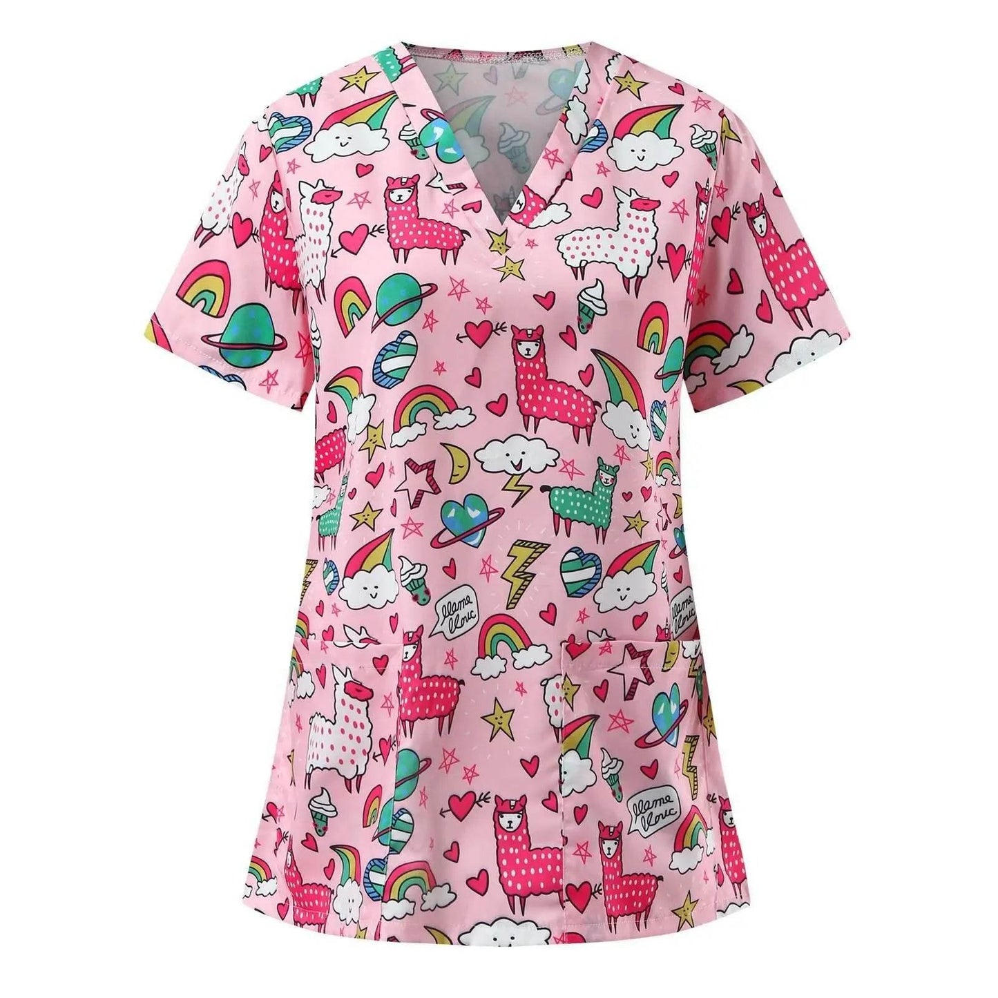 Women Working Uniform Animal Print Cartoon Cat Dog Short Sleeve V-neck Tops - Empire P.E