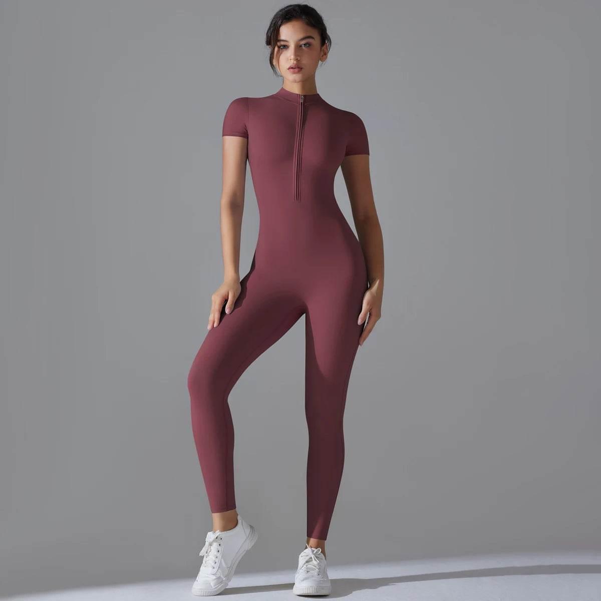 Yoga Set Women's Jumpsuits One-Piece Suit Zipper Short Sleeve Gym Push Up Workout Clothes Fitness Bodysuit Sportswear Tracksuit - Empire P.E