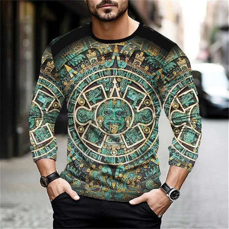 2024 Mexico Aztec Graphic T Shirts For Men Vintage 3d Printed Long Sleeve Tees Street Hip Hop Oversized T-Shirt Male Clothing - Empire P.E