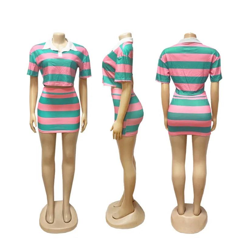 Sporty Fitness Striped Print 2 Pieces Set for Woman Streetwear Casual Turn-down Collar Shirt Crop Top and Mini Skirt Sets Summer - Empire P.E