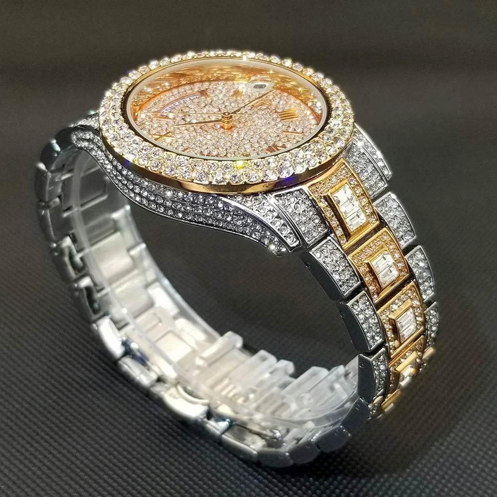Luxury Shiny Diamond Watch For Men Hip Hop Trendy Iced Out Quartz Watches High Quality Stainless Steel Waterproof Day Date Clock - Empire P.E
