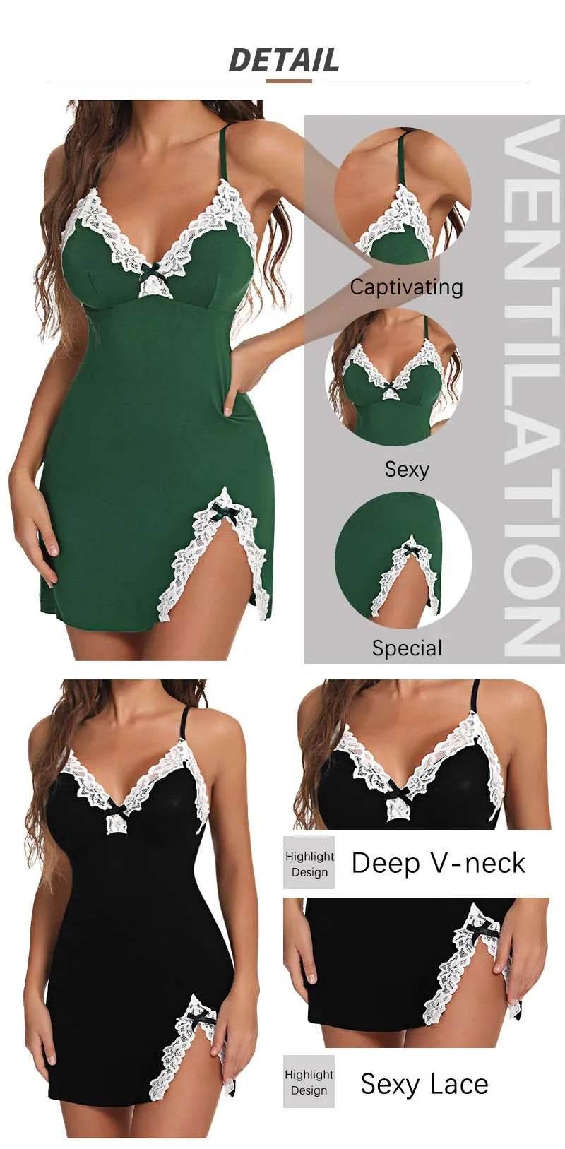 Women Lace Silk Satin V-Neck Hem Soft Lingerie - Empire P.E