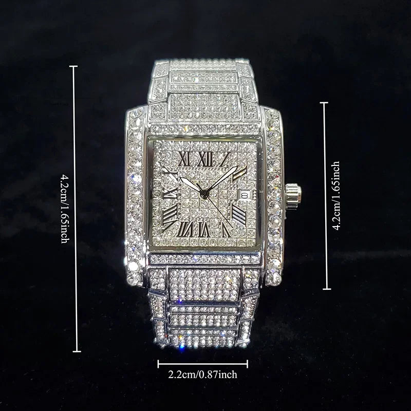 New Luxury Diamond Watch for Men Fashion Ice Out Rectangle Wristwatch - Empire P.E