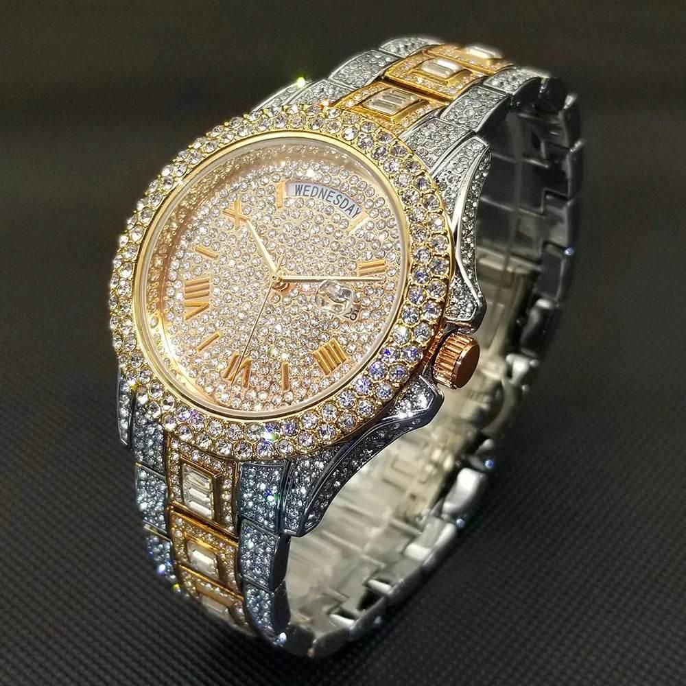 Luxury Shiny Diamond Watch For Men Hip Hop Trendy Iced Out Quartz Watches High Quality Stainless Steel Waterproof Day Date Clock - Empire P.E