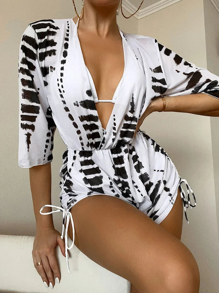 Geometric Print 3 Pieces Suit Swimwear Drawstring Bodysuit Mesh - Empire P.E