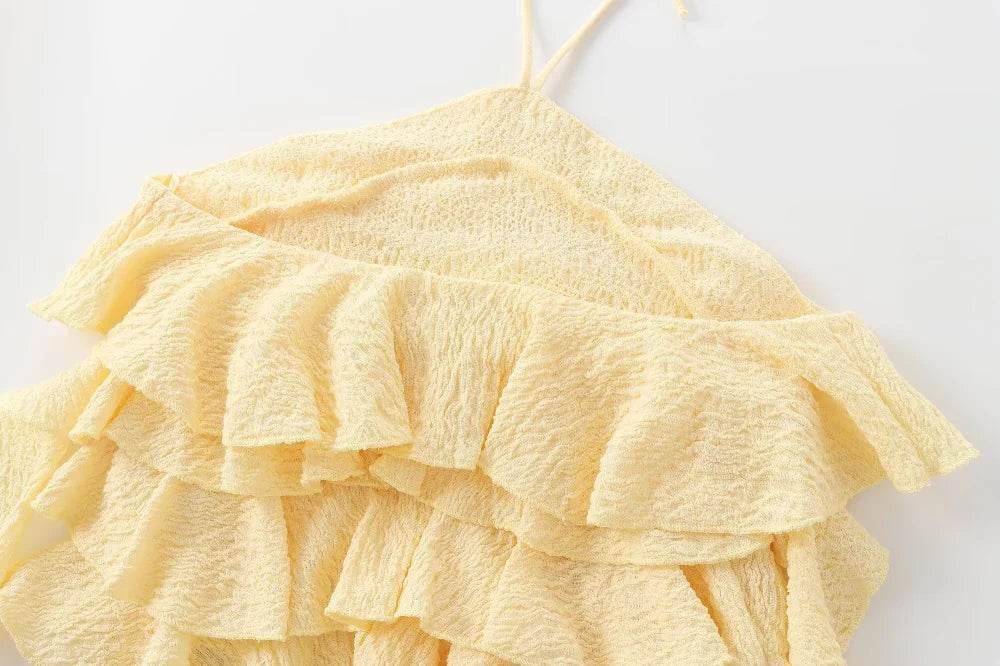 Textured halter crop top with ruffles Women's short yellow sleeveless top with sexy streamers for summer 2024 traf - Empire P.E