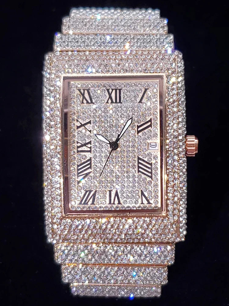 Gold Men's Watches Rectangle Dial Luxury Diamond - Empire P.E