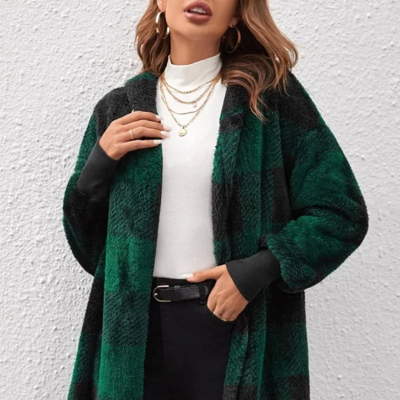 Women Autumn Winter Double Fleece Plaid Outerwear Coat