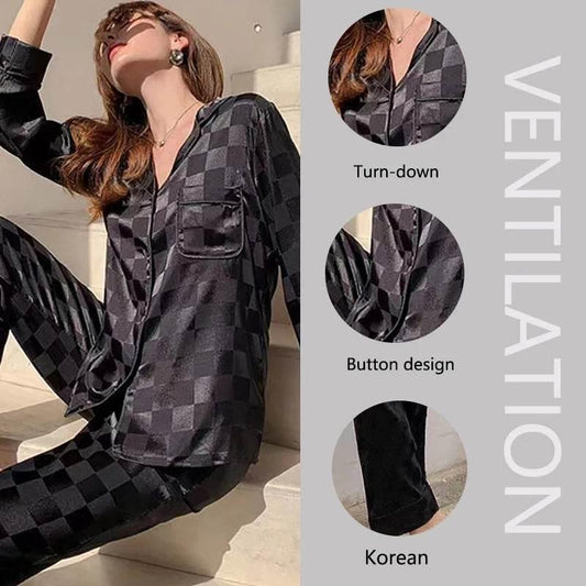 Plus Size Women Pajamas Set Long Sleeves Girl Home Wear Two-Piece Cardigan Solid Plaid Sleepwear Sexy Nightwear Autumn Winter - Empire P.E