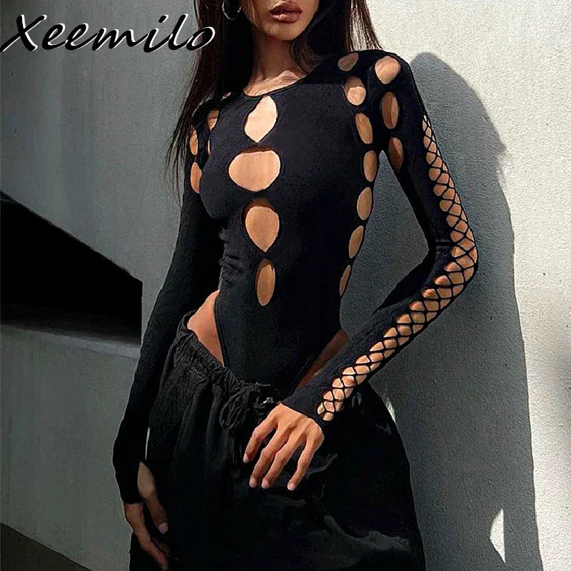 Sexy Dot Hollow Out Bodysuit Y2K Gothic - Empire P.E