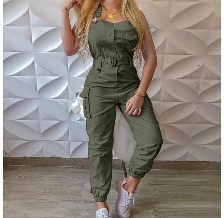 Autumn Women's Clothing Bodysuit Jumpsuit 2023 Simple Zipper Cargo High Waisted Conjoined Body Pants Sleeveless Strap Trousers - Empire P.E