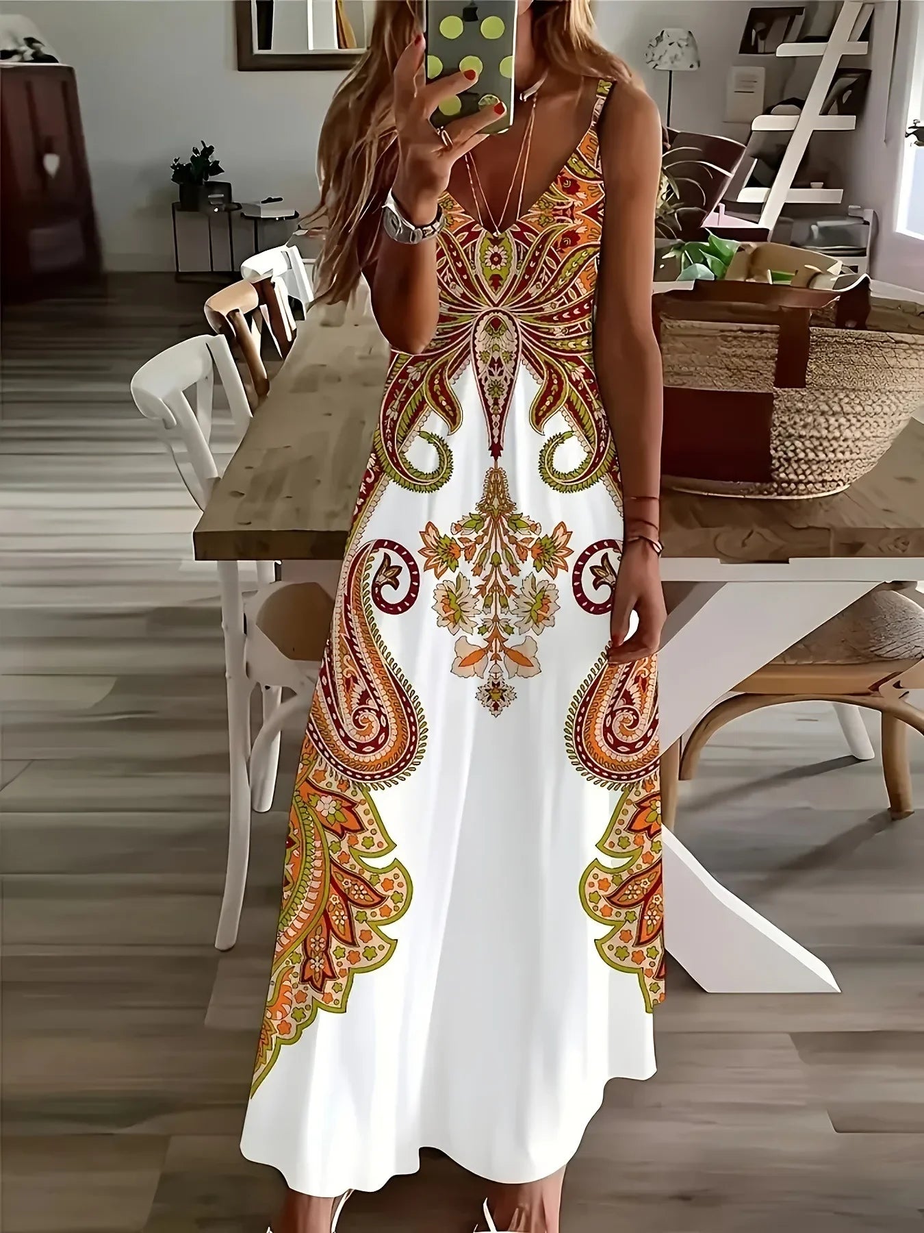 2024 Cross border New Flower Printed V-neck Strap Dress - Empire P.E