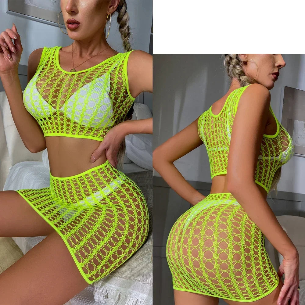 Fishnet Lingerie Set High Elastic Tops and Split Skirt - Empire P.E