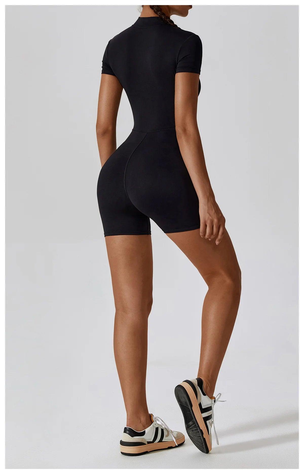 Yoga Set Women's One-Piece Suit Zipper Short Sleeve Gym Push Up Workout Clothes Fitness Short Bodysuit Sportswear Jumpsuits - Empire P.E