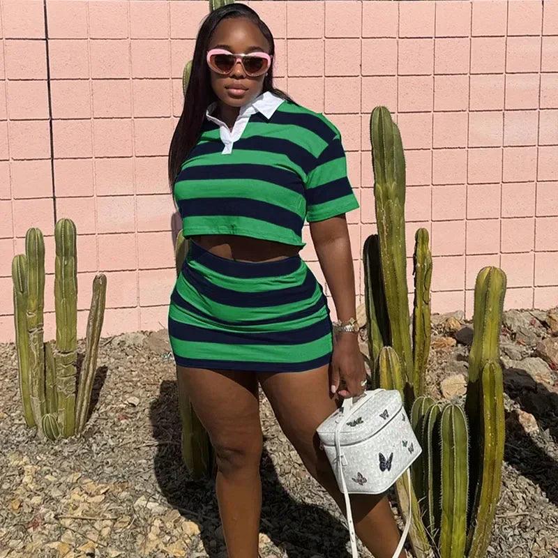 Sporty Fitness Striped Print 2 Pieces Set for Woman Streetwear Casual Turn-down Collar Shirt Crop Top and Mini Skirt Sets Summer - Empire P.E