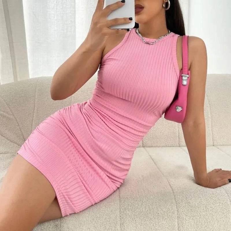 Sexy Stripes Thread Knitting Slim Bodycon Dress Women Sleeveless Solid Color Skinny Mini Dress Elegant Club Party Vestidos - Empire P.E