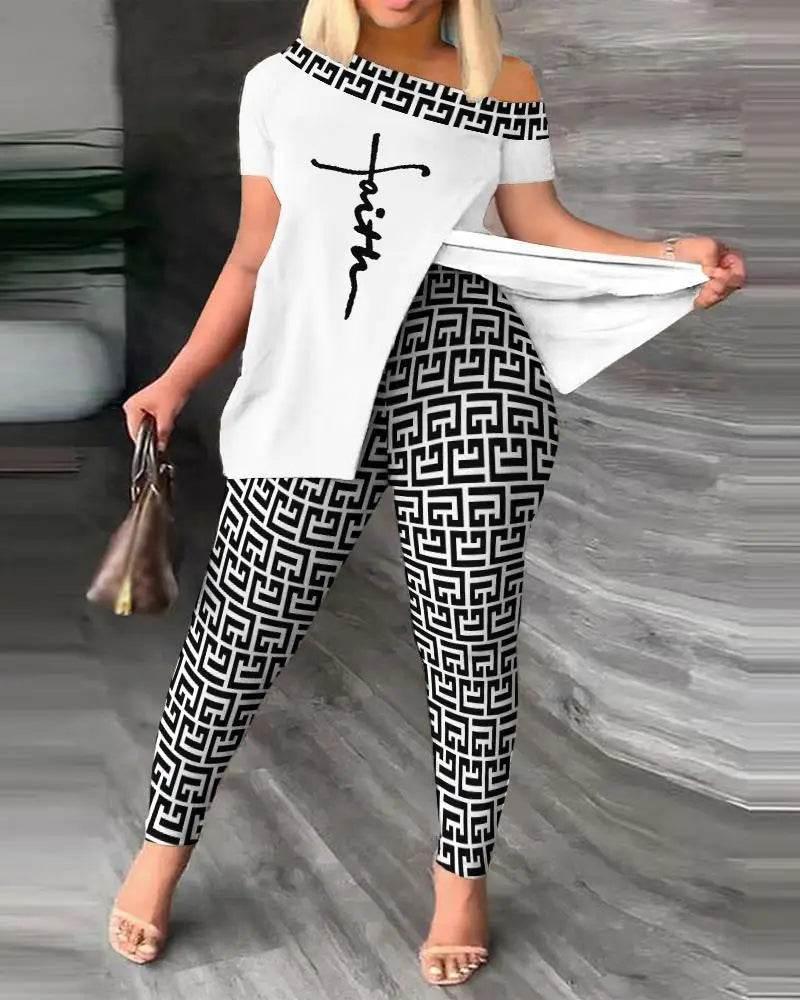Elegant Women Two Piece Set Suits New Fashion Printed Ruffle Sleeve Top Solid Color Pants Set With Belt Blouses Female Clothing - Empire P.E