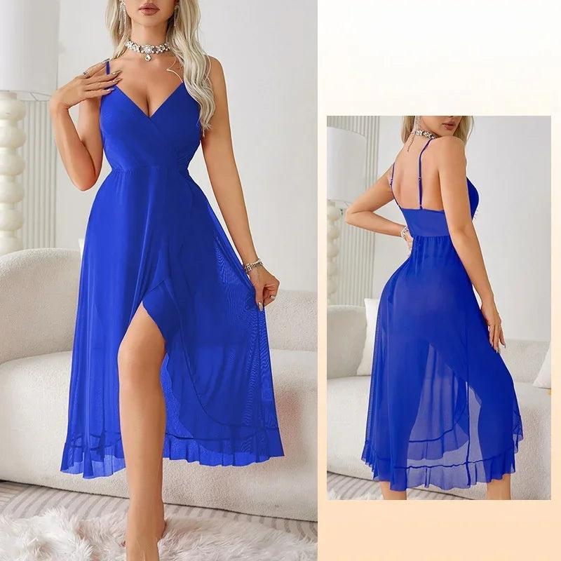 2025 Sleep Shirts Sheer Mesh Slip Dress Criss Cross Back