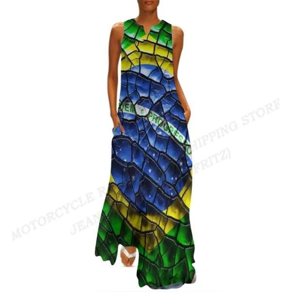 Brazil Flag Dress Women Fashion V-neck Long Dress Party Evening Casual Brasil Women Dresses Elegant Boho Maxi Vestido Beach Robe - Empire P.E