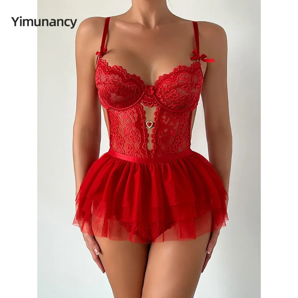 Lace Lingerie Set Women 2-Piece Red Backless Bodysuit - Empire P.E