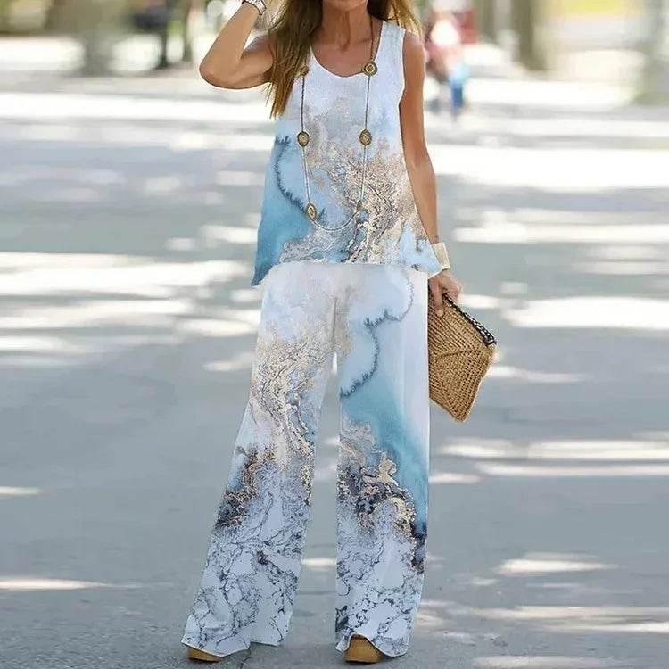 2023 Women 2 Piece Outfits Boho Casual Printed Vest Sleeveless Top Loose Wide Leg Pants Trousers Two Piece Set Elegant Suit - Empire P.E