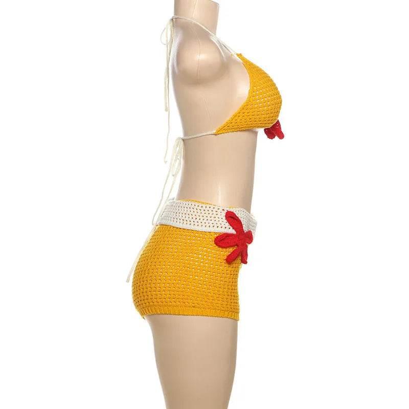 Sexy Beach Knit Skirt Set Women Crochet Flower Bikini Mini Skirt Suits Female 2025 Summer Chic Backless Halter Top Skirts Sets - Empire P.E