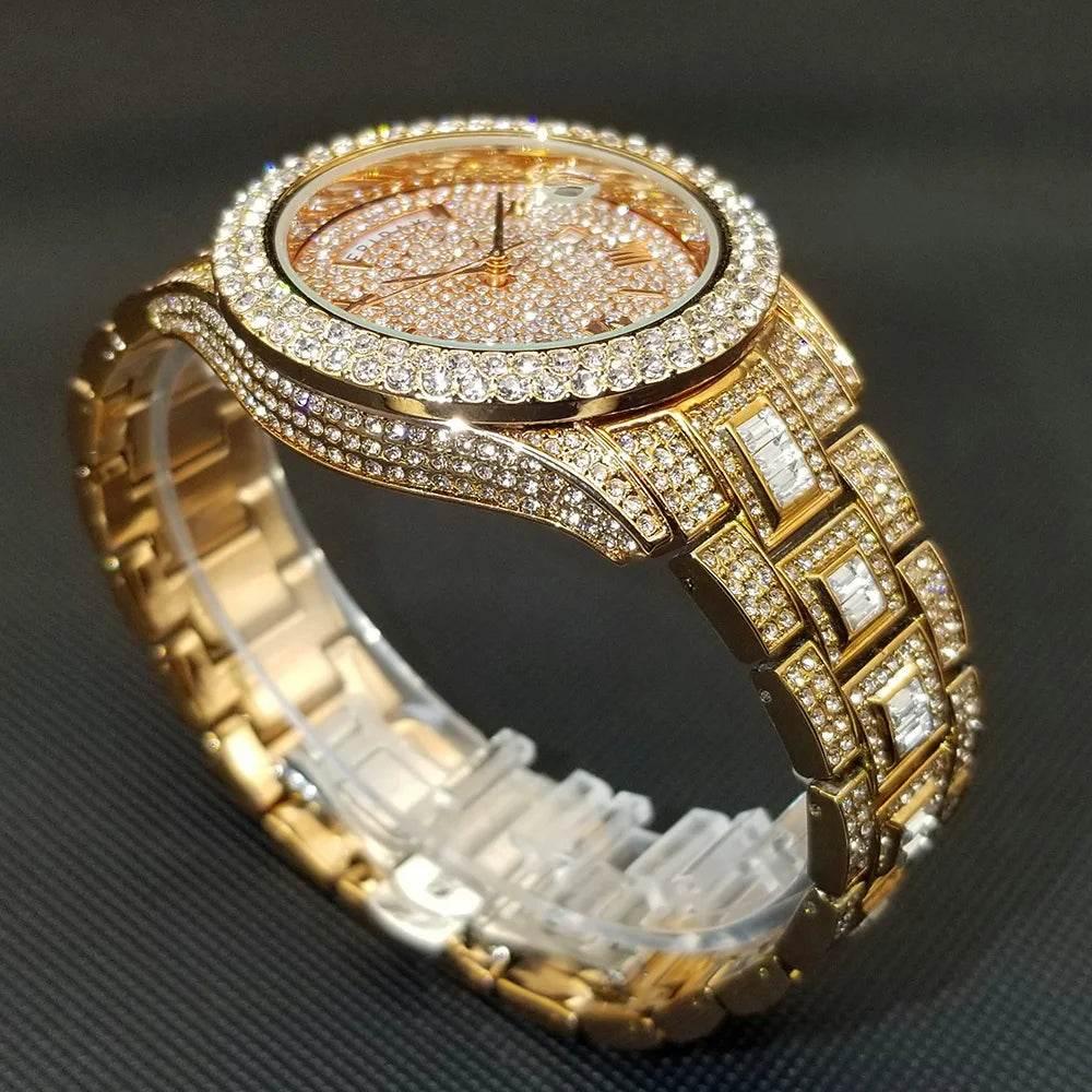 Luxury Shiny Diamond Watch For Men Hip Hop Trendy Iced Out Quartz Watches High Quality Stainless Steel Waterproof Day Date Clock - Empire P.E