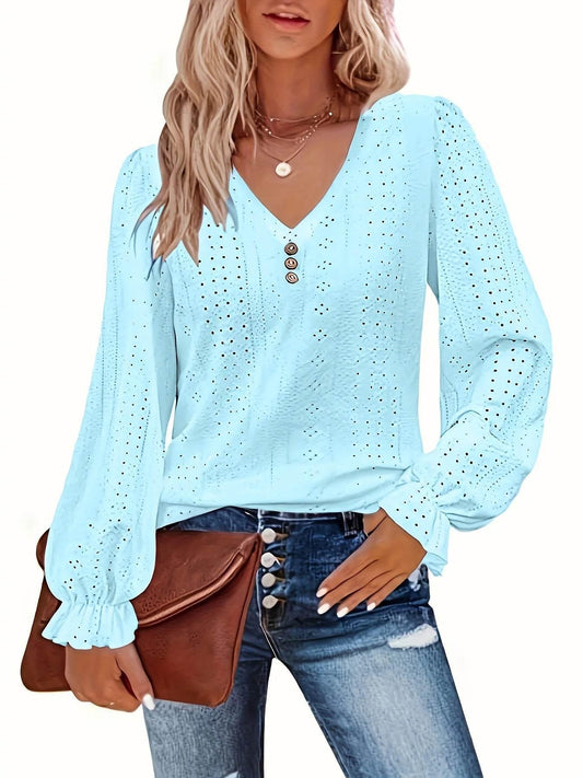 Plus Size Eyelet Button Decor Casual V Neck Long Sleeve - Empire P.E