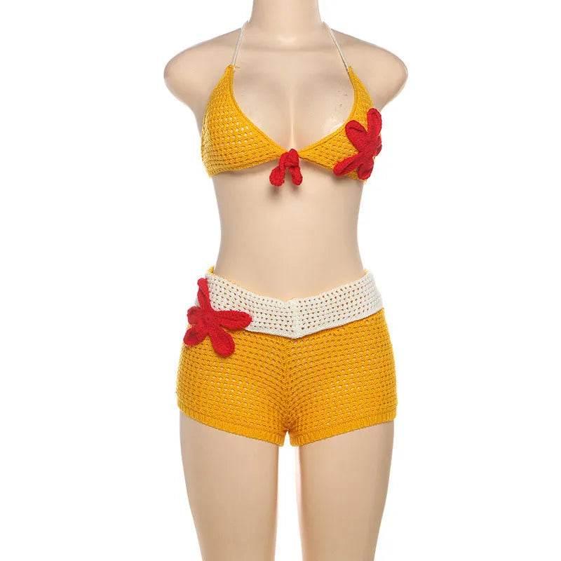 Sexy Beach Knit Skirt Set Women Crochet Flower Bikini Mini Skirt Suits Female 2025 Summer Chic Backless Halter Top Skirts Sets - Empire P.E