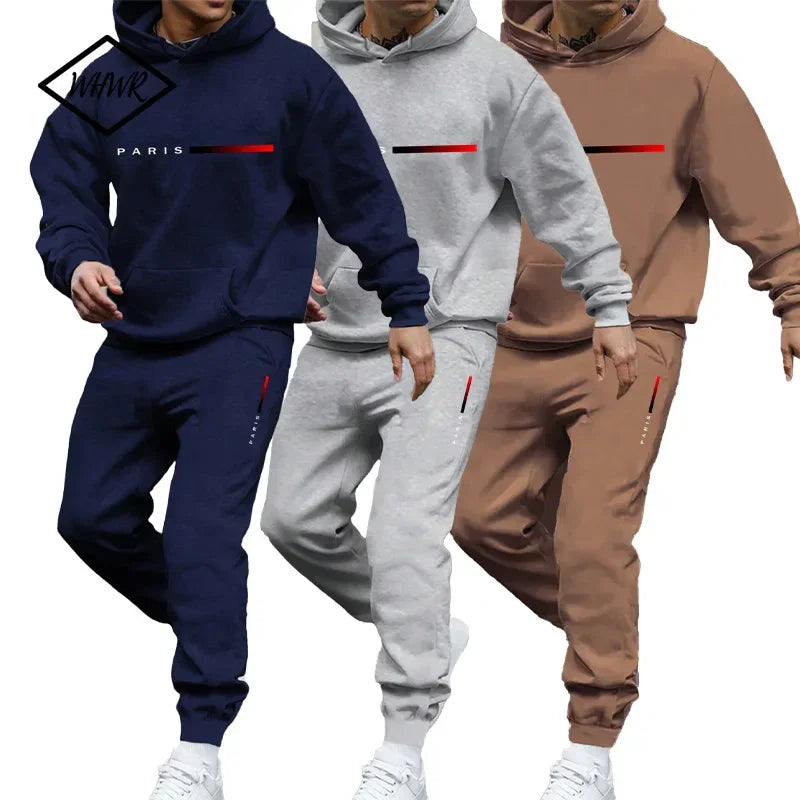Paris Print Fashion Men's Hooded Tracksuit 2pcs