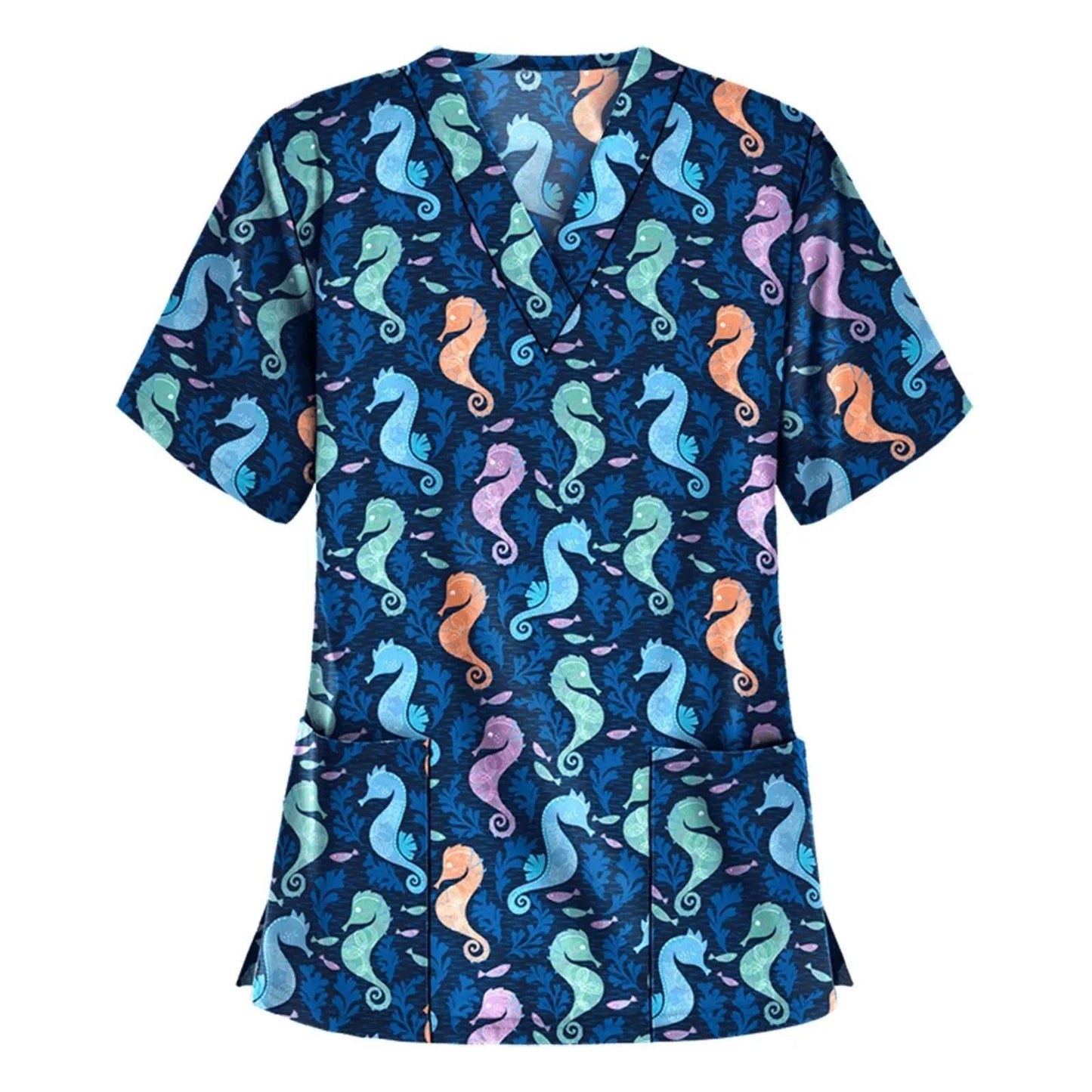 Women Working Uniform Animal Print Cartoon Cat Dog Short Sleeve V-neck Tops - Empire P.E