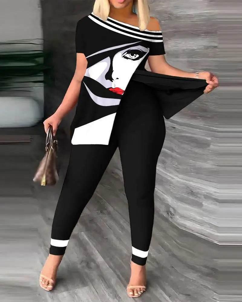 Elegant Women Two Piece Set Suits New Fashion Printed Ruffle Sleeve Top Solid Color Pants Set With Belt Blouses Female Clothing - Empire P.E