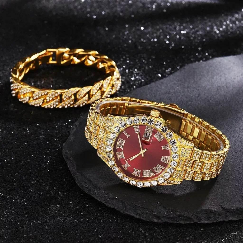 Watch Bracelet Set Hip Hop Stainless Steel Gold Color Calendar Watch for Men Iced Out Paved Rhinestones Men Watch Reloj Hombre - Empire P.E