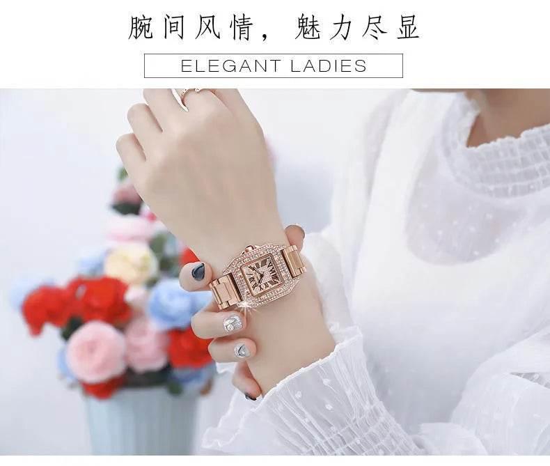 Ladies Dial Quartz Wristwatches Dress Clock Large square diamond-encrusted dial steel belt living waterproof quartz watch - Empire P.E