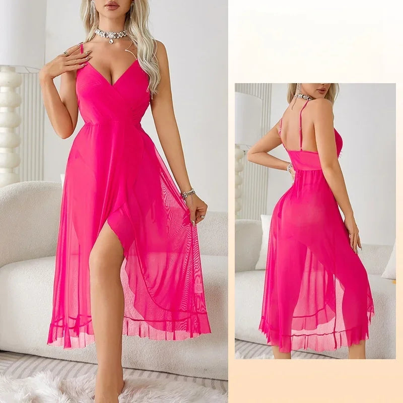 2025 Sleep Shirts Sheer Mesh Slip Dress Criss Cross Back