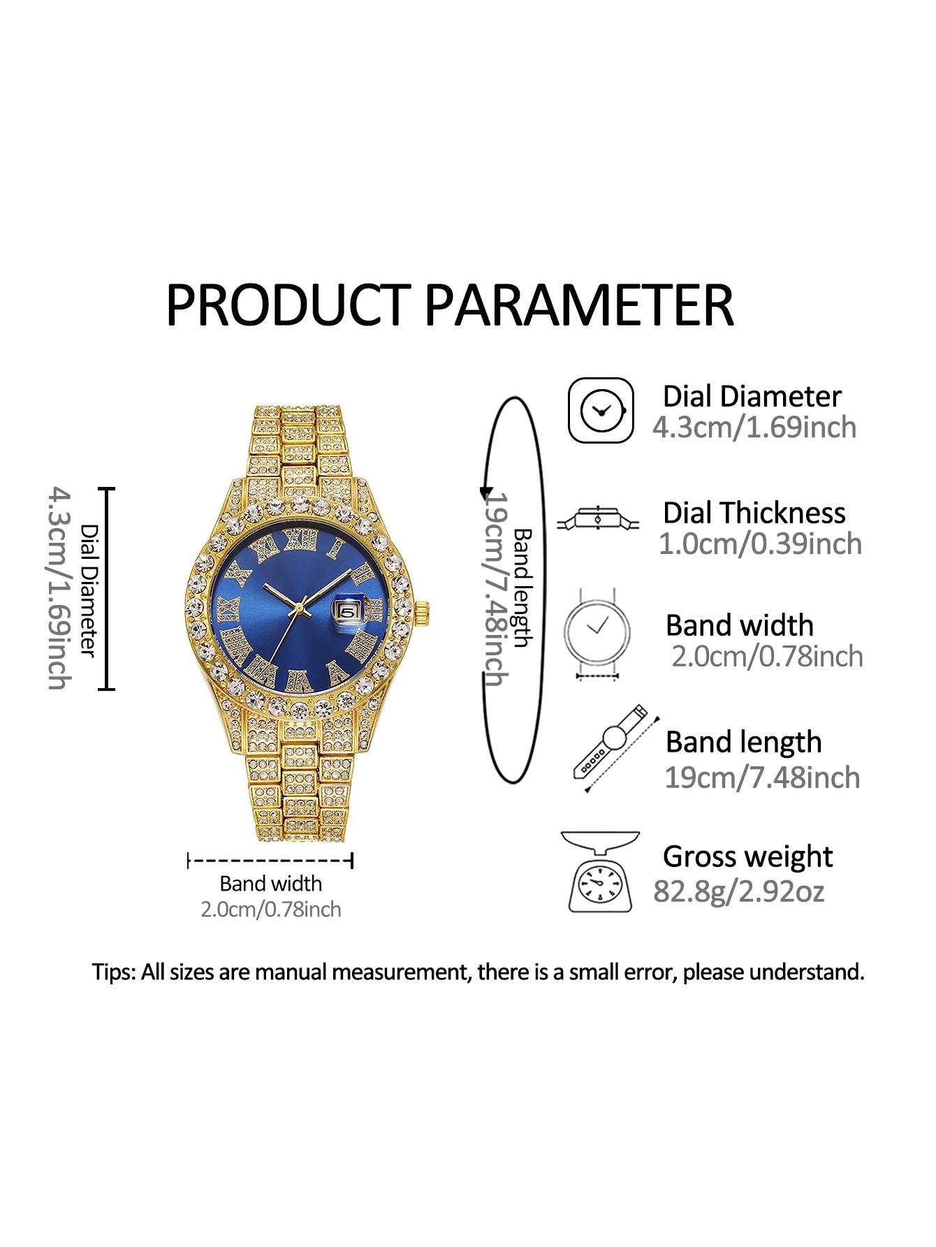3PCS luxury alloy full diamond rhinestone mirror men's quartz watch with calendar and Hip Hop Cuban Necklace bracelet set - Empire P.E