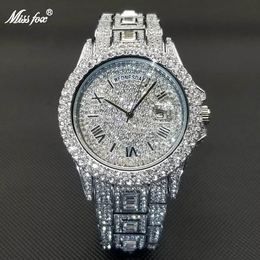 Luxury Shiny Diamond Watch For Men Hip Hop Trendy Iced Out Quartz Watches High Quality Stainless Steel Waterproof Day Date Clock - Empire P.E