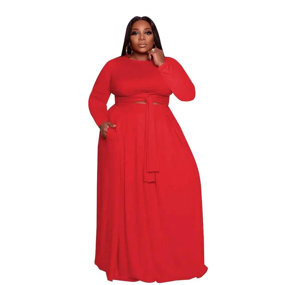 Fall 2024 Plus Size Women Clothing Skirt Two Piece Sets O Neck Long Sleeve - Empire P.E