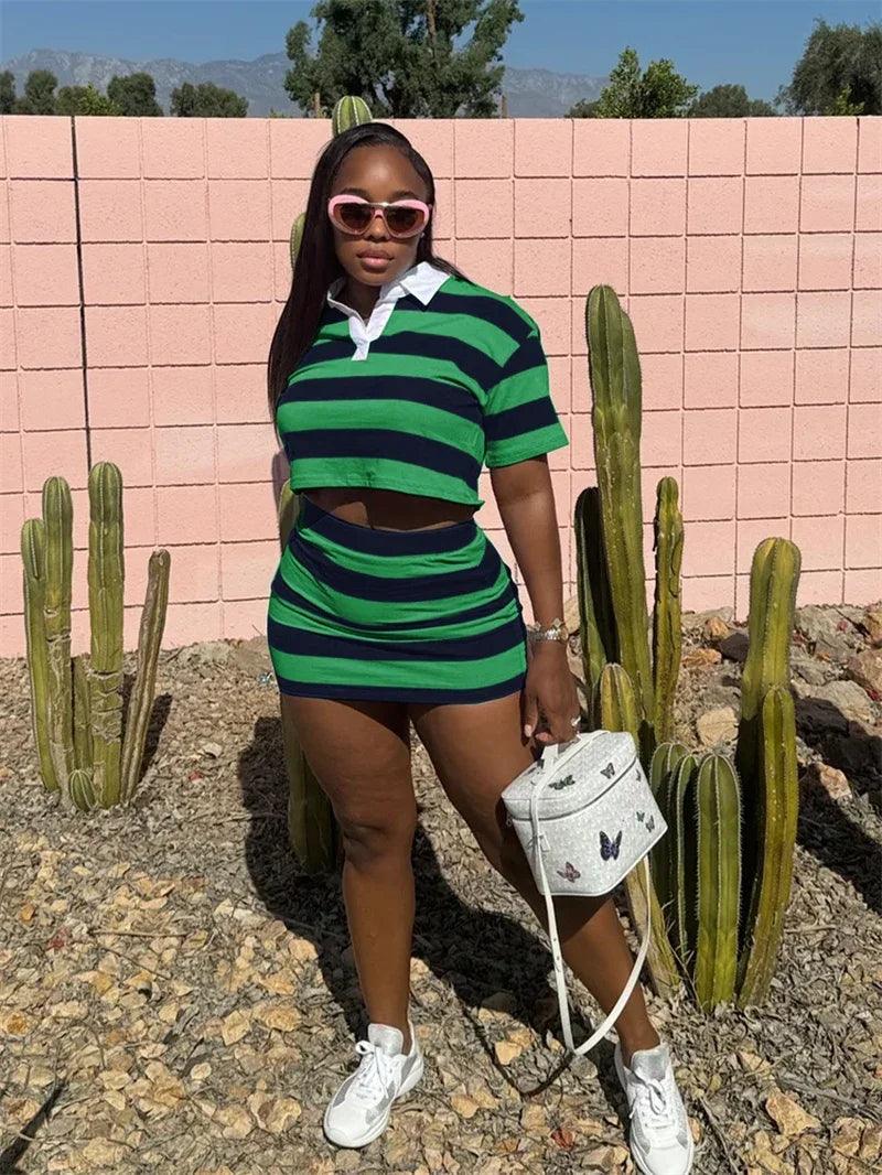 Sporty Fitness Striped Print 2 Pieces Set for Woman Streetwear Casual Turn-down Collar Shirt Crop Top and Mini Skirt Sets Summer - Empire P.E