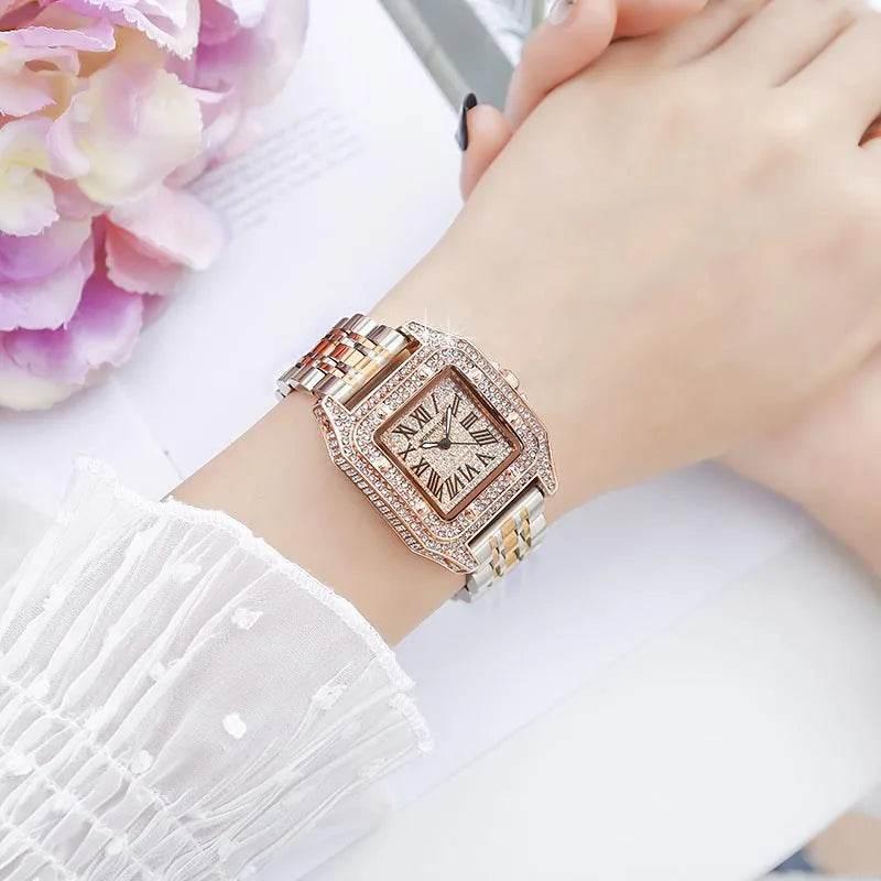 Ladies Dial Quartz Wristwatches Dress Clock Large square diamond-encrusted dial steel belt living waterproof quartz watch - Empire P.E