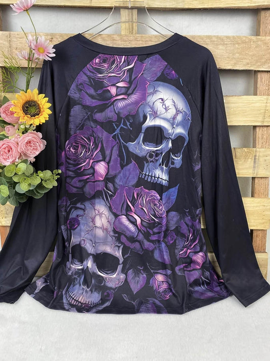 Women's Plus Size Skeleton & Floral Print T-shirt Casual Long Sleeve V Neck Top For Spring & Fall Clothing For All Saints' Day - Empire P.E