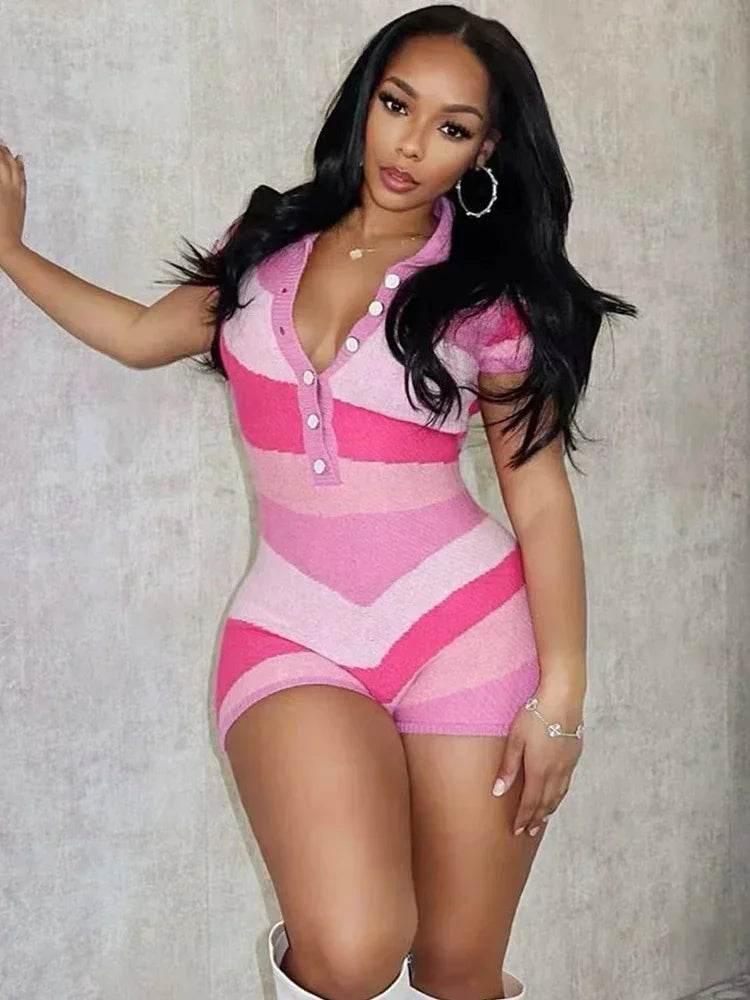 Laxsesu Irregular Contrast Romper Women Knit Stretch Polo Neck Single-Breasted Shorts Sleeve Skinny Slim Playsuits Streetwear - Empire P.E