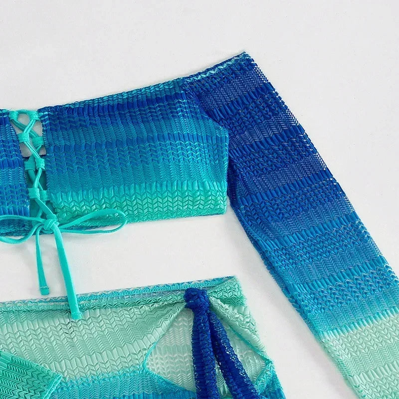 Blue Long Sleeve Swimsuit Bikinis 3 Piece Set