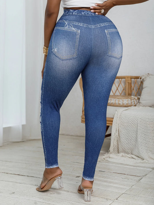 Plus Size Women's Tight Leggings Imitation Denim Print Ripped Pattern - Empire P.E