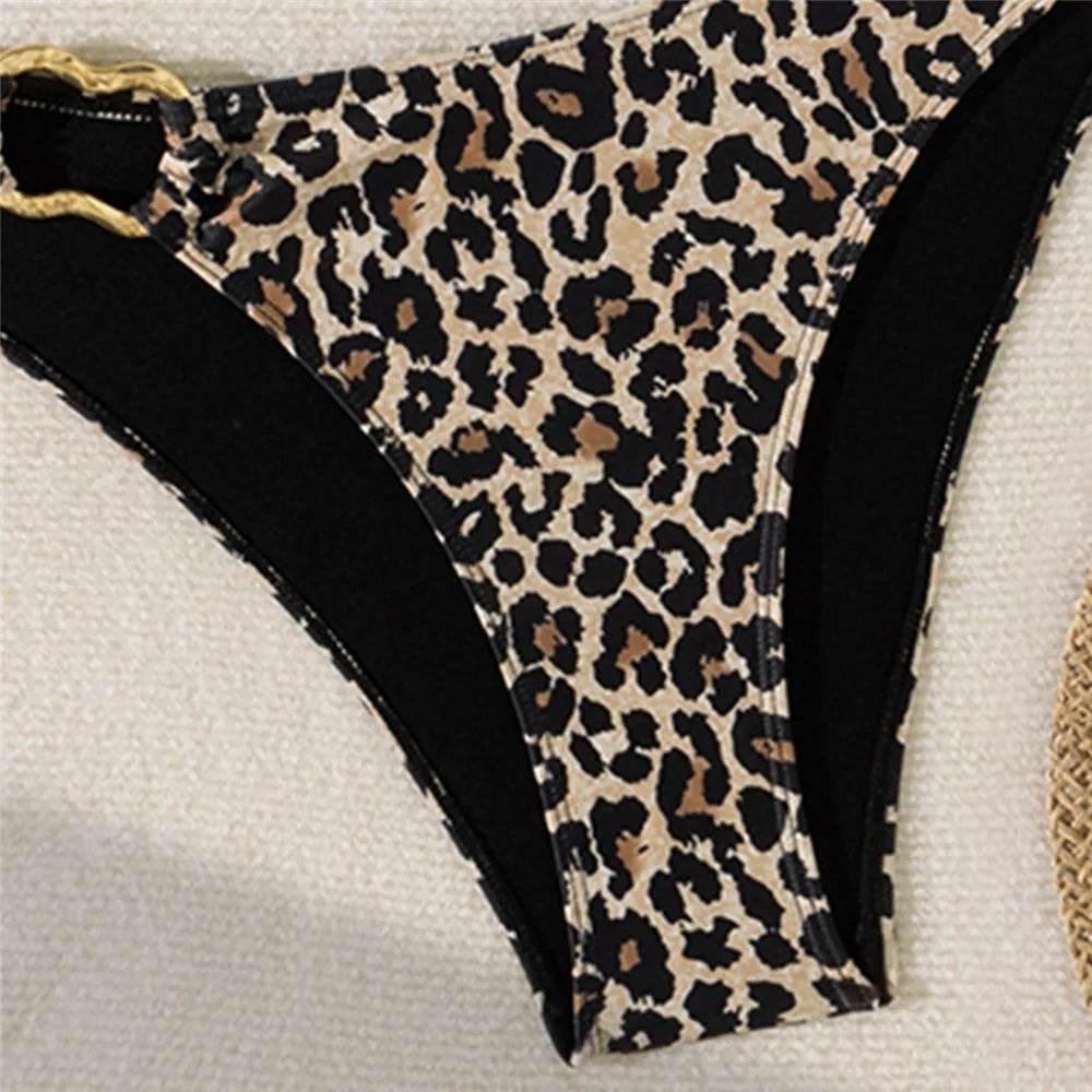 Halter Bandeau Leopard Print Bikinis Sets Woman Metal Ring Swimwear Hollow Out Sexy Swimsuit 2025 Bathing Suit Bikinis De Mujer - Empire P.E