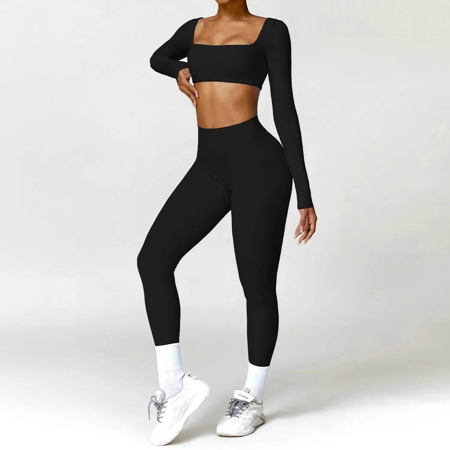 Hearuisavy 2PCS Long Sleeve Gym Set Women Yoga Clothes Quick-Drying Sportswear Running Leggings Workout Sports Crop Top Women - Empire P.E